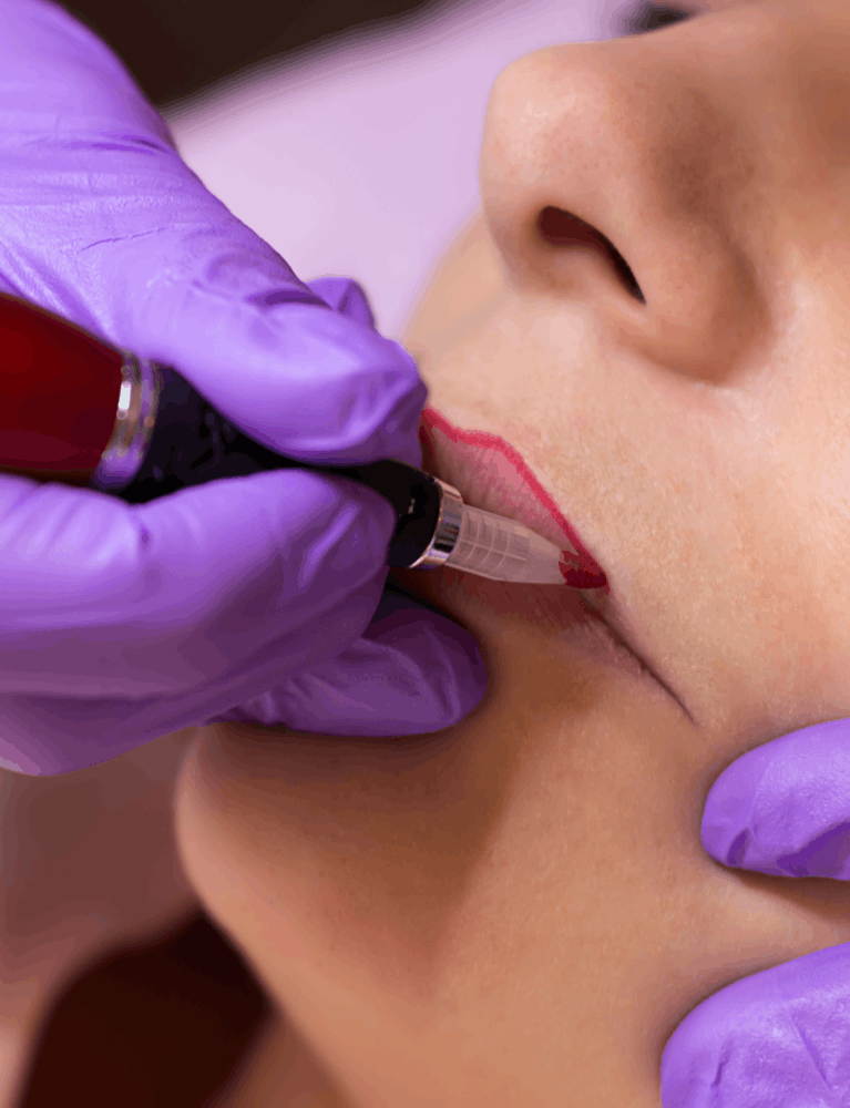 Dermatologist performing lip tint correction treatment on a patient at a skin clinic in Chennai.