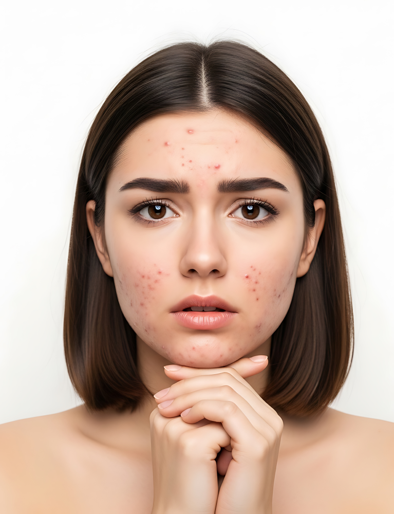 Close-up of cystic acne on the cheek showing painful inflamed pimples and deep acne cysts.