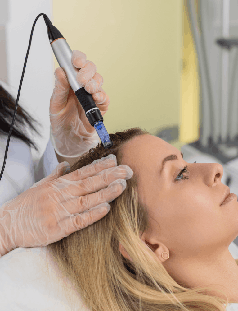 Dermatologist performing hair microneedling treatment on a patient experiencing hair loss at a skin and hair clinic in Chennai.